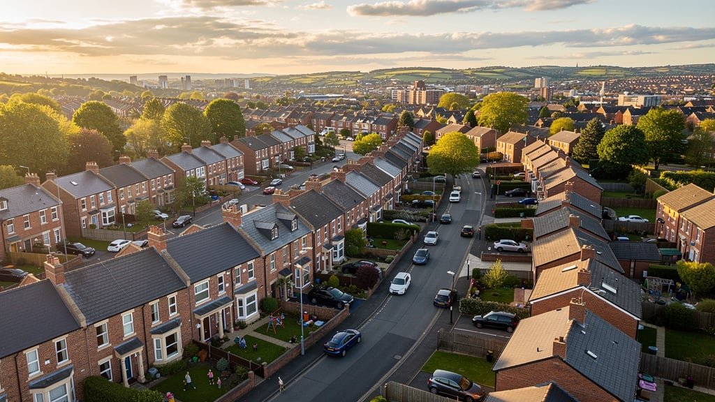 Aerial view of Bolton residential streets showing Lancashire property market