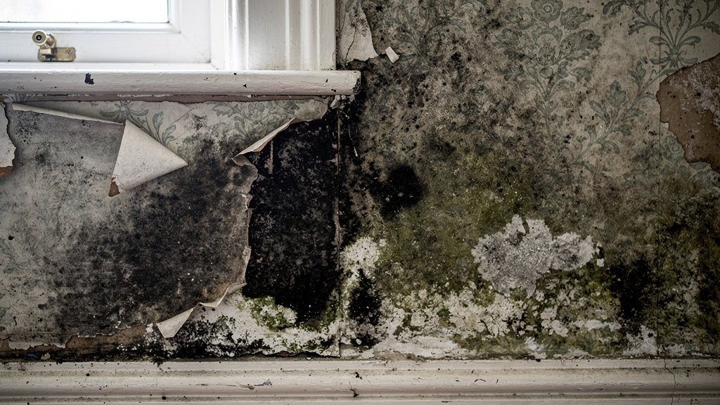 Damp and mould on interior wall of Lancashire terraced house discovered during building survey