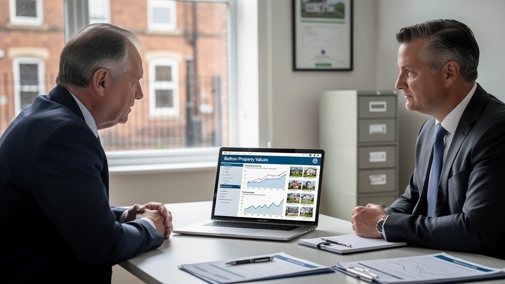Property valuation meeting with a RICS surveyor reviewing comparable sales data in Bolton Lancashire