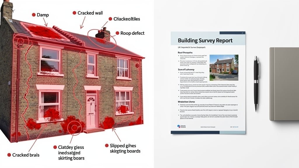 Comparison showing property defects found during a Bolton building survey versus a clean survey report for a well-maintained property