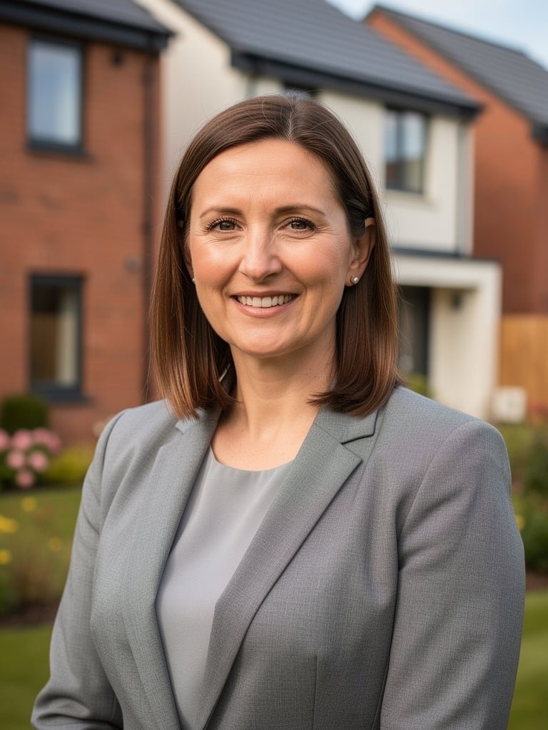 Sarah Nightingale, senior surveyor at Bolton Surveyor, outside a modern residential property in the North West